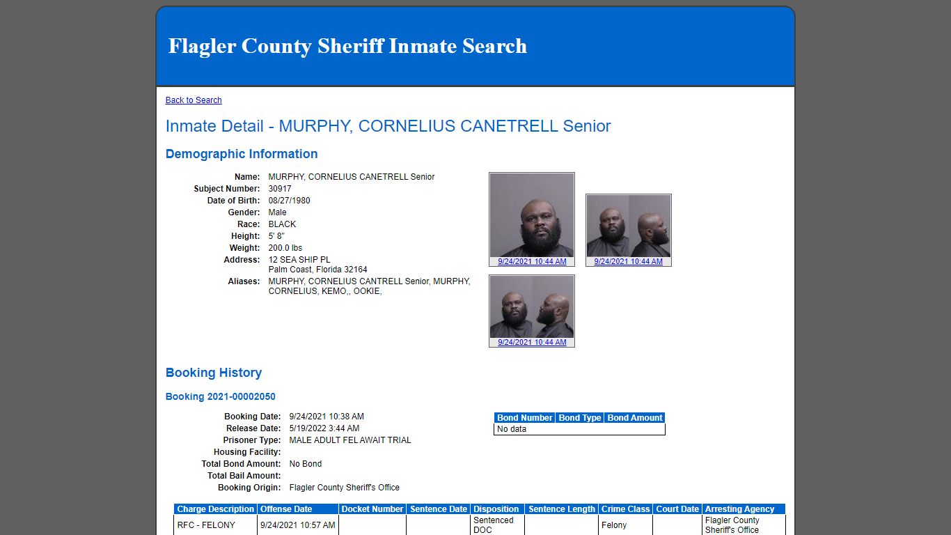 Inmate Detail - MURPHY, CORNELIUS CANETRELL Senior